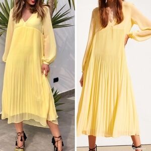 NEW Zara pleated flowy yellow maxi midi dress L
